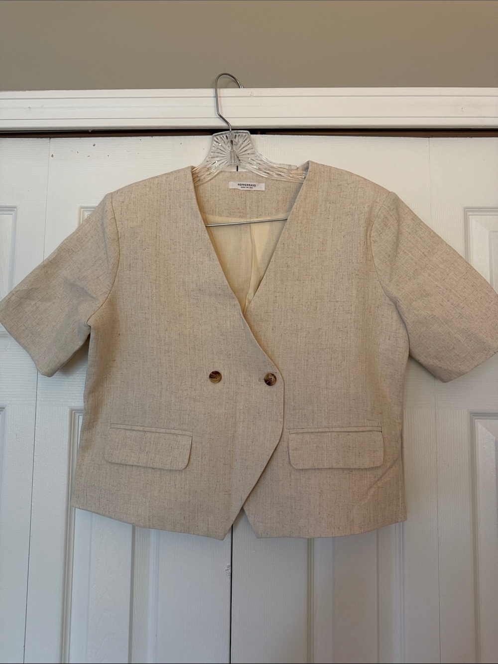 Boxy Short-Sleeve Blazer Jacket in Natural